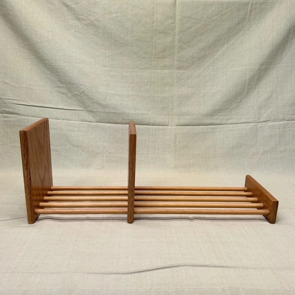 Vintage Mid Century Modern Oak Wood Desktop Book Rack Expandable Slat Bookshelf